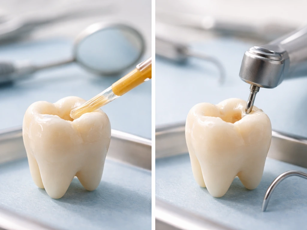 Two-panel dental treatment stages concept: fluoride varnish remineralization and later drilling with tooth restoration.