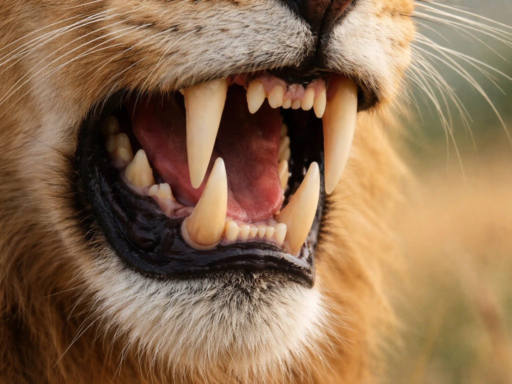 Lion jaw close-up with two tooth sets concept showing milk teeth replaced by permanent teeth