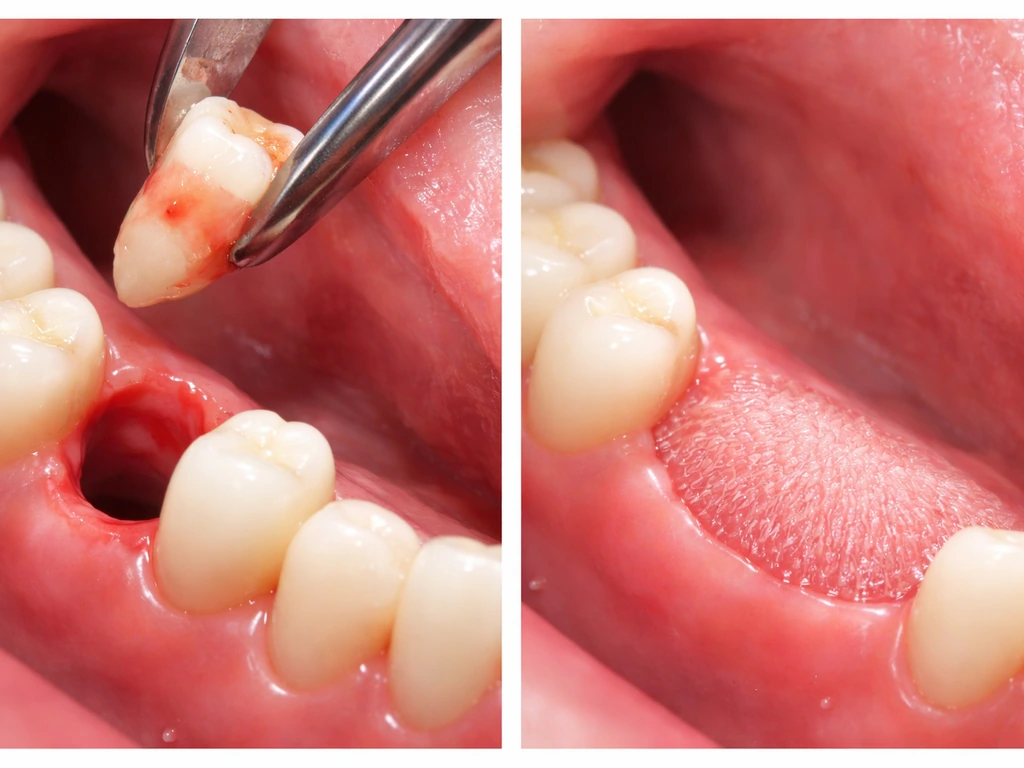 Minimal split photo: tooth replacement gap with new tooth vs gum tissue regrowth texture.