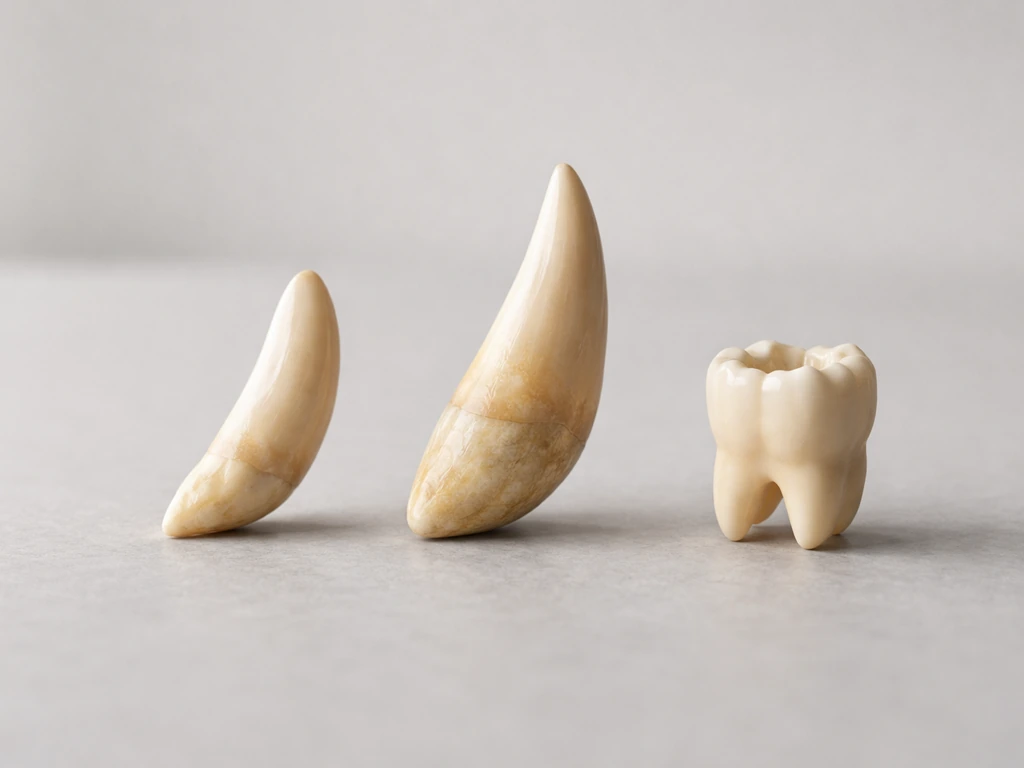 Three dental tooth props (lion, tiger, human molar) placed side by side on a light tabletop.