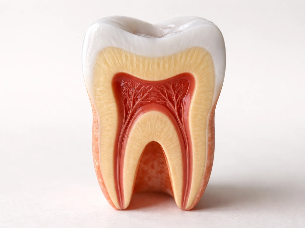 Realistic cross-section view of a single tooth showing enamel, dentin, and pulp layers.