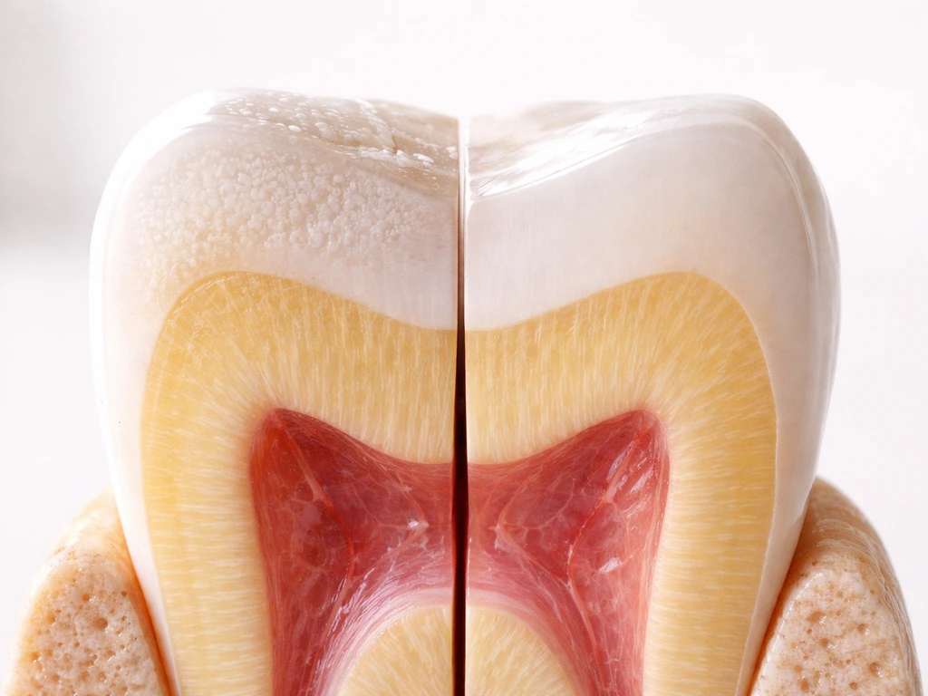 Macro view of a tooth cross-section showing dentin beneath intact enamel and subtle enamel demineralization.