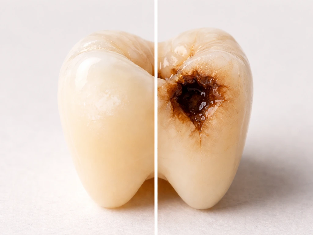 Split view of a healthy tooth enamel surface and a darker cavity area on a neutral background