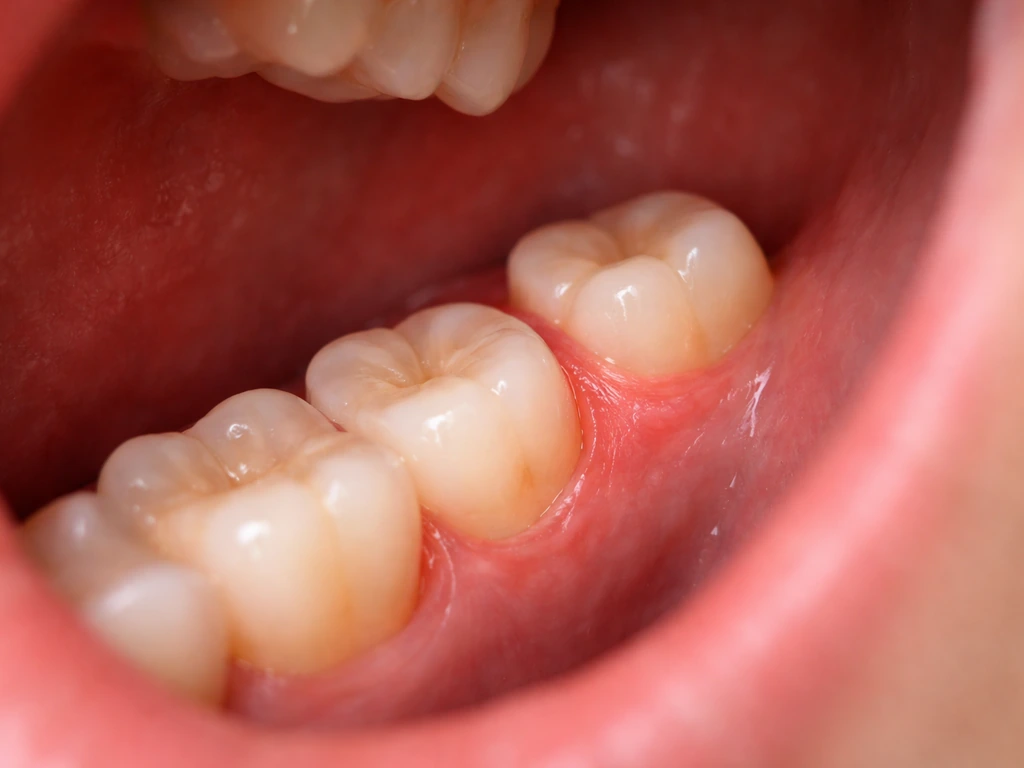 Close-up of a wisdom tooth partially erupting through the gum in a clinical mouth setting.