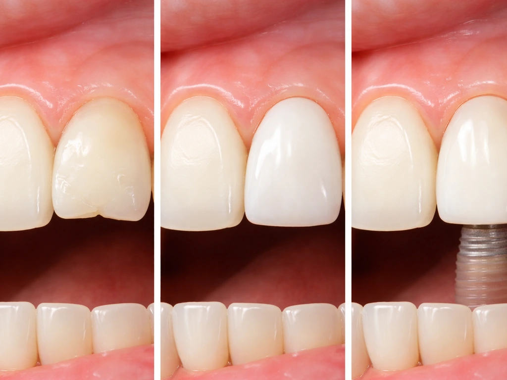 Side-by-side photo of chipped tooth fixed with bonding, veneer, and an implant crown restoration concept.