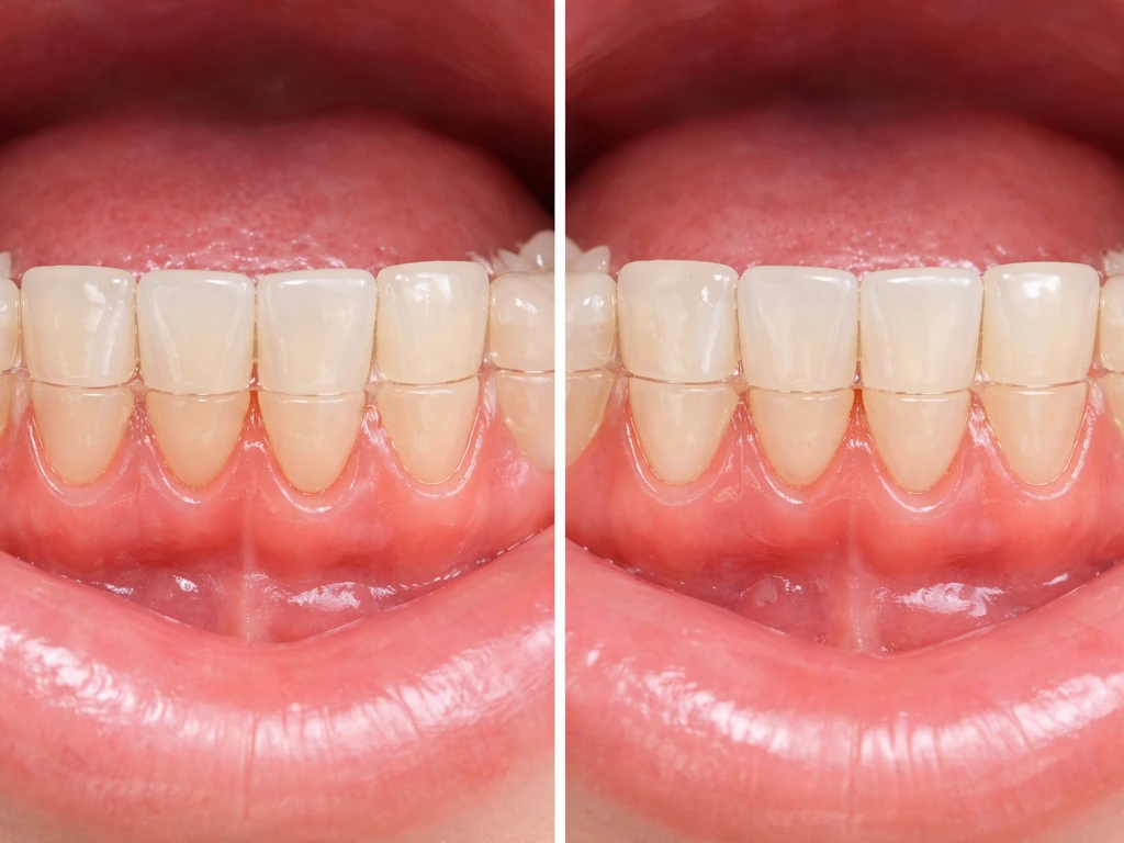 Close-up of lower front teeth with Invisalign aligners showing gumline differences before and after.
