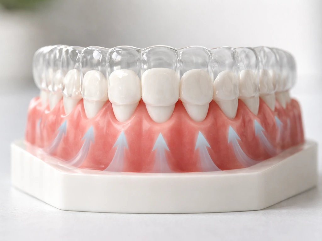 Close-up of a dental model with a clear aligner showing pressure on teeth and gum area.