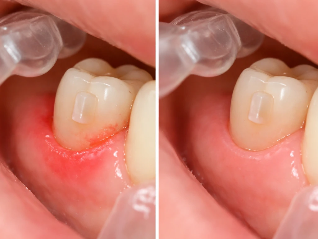 Close-up of inflamed red gum tissue around one tooth next to a healthier gumline comparison.