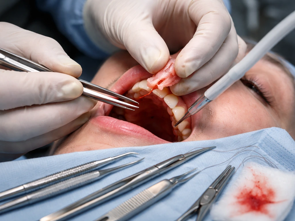 Gloved dentist preparing a soft tissue graft for gum root coverage with surgical tools visible.