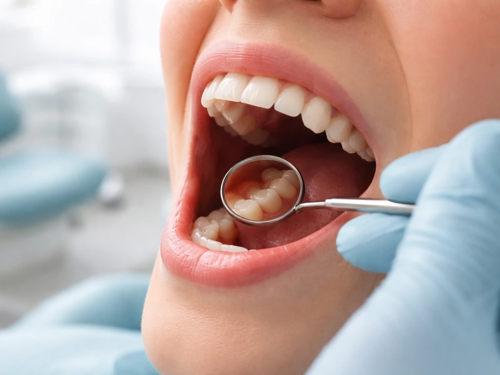 Dentist’s gloved hand examines a patient’s back molars in a bright dental clinic.