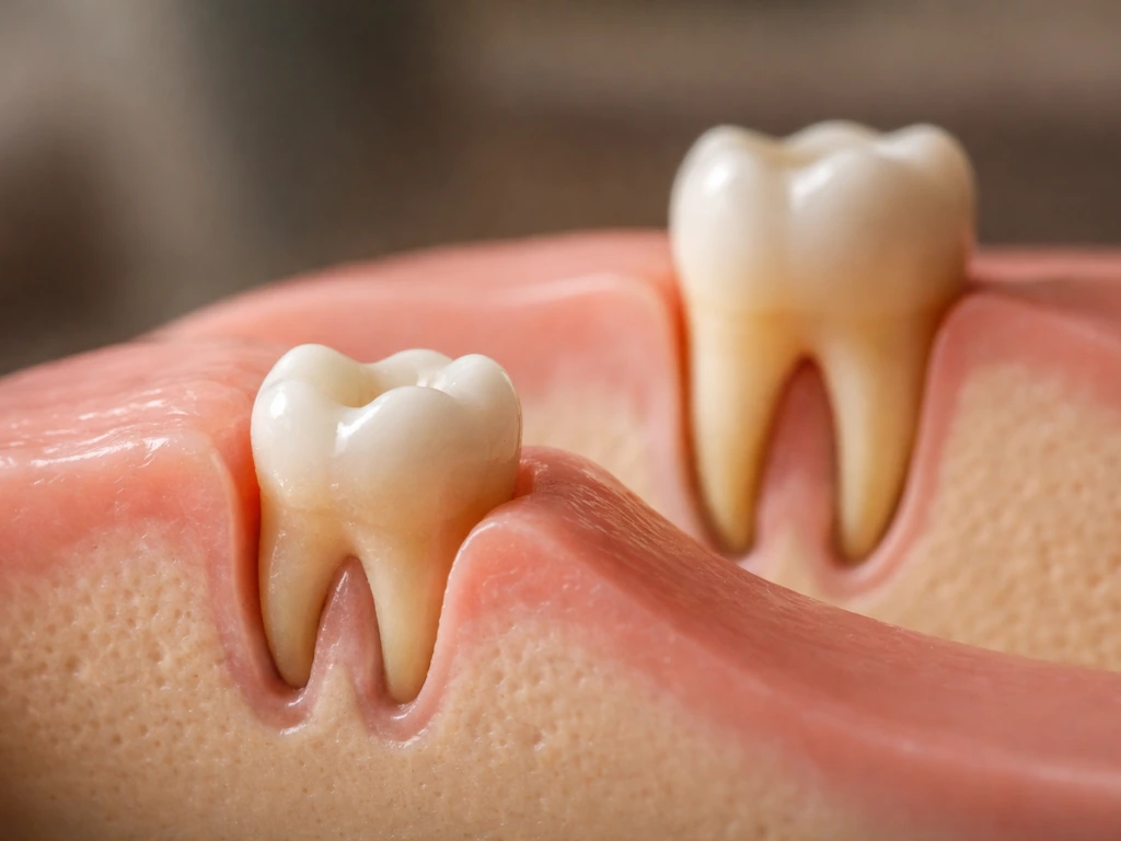 Close-up of a dental model showing crown formation first, then roots developing in gum.
