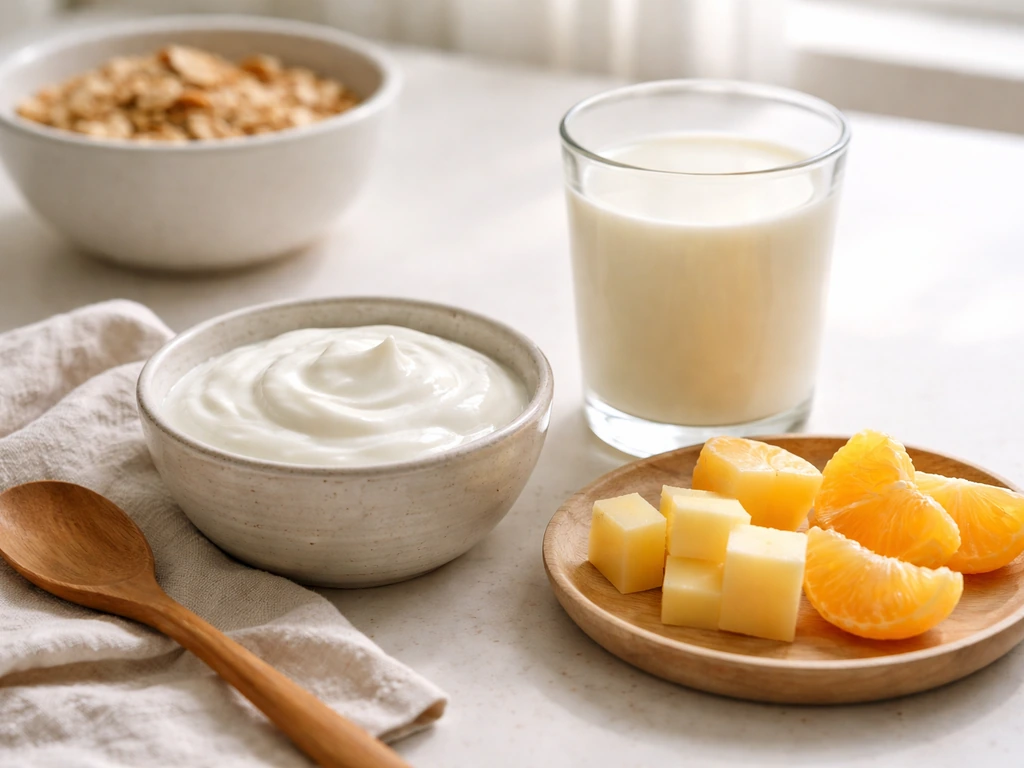 Everyday breakfast with milk and yogurt on a minimal table, suggesting calcium and vitamin D for teeth and bones.