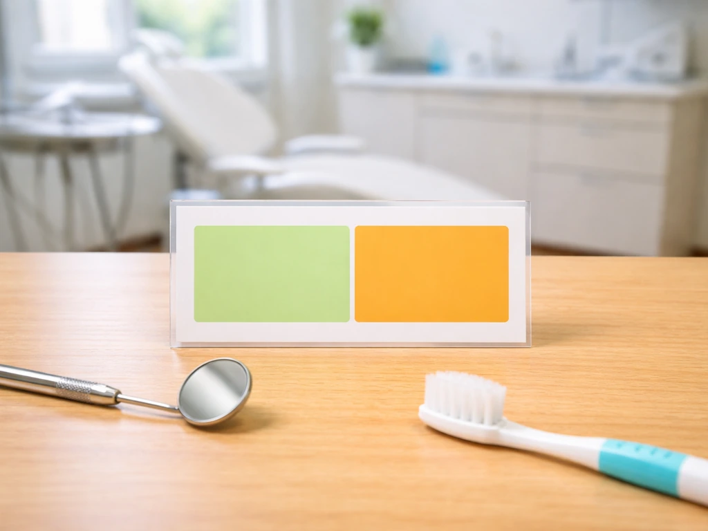 Dental clinic desk with a simple color-coded chart showing normal and concerning tooth eruption timing