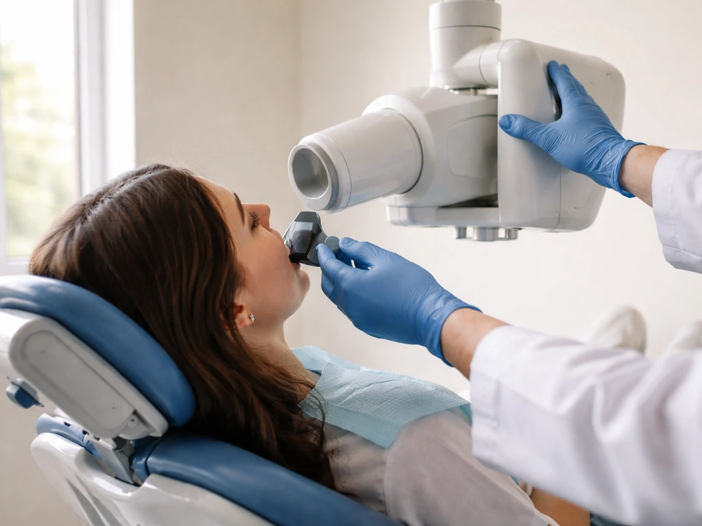 Dental imaging setup in a clinic showing panoramic X-ray positioning for delayed molar eruption evaluation.
