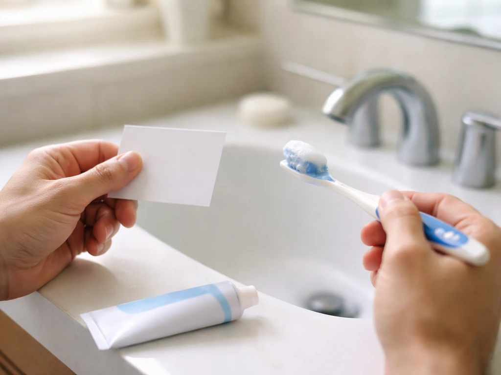 Person brushing teeth beside a sink, with a hand holding a dental appointment card