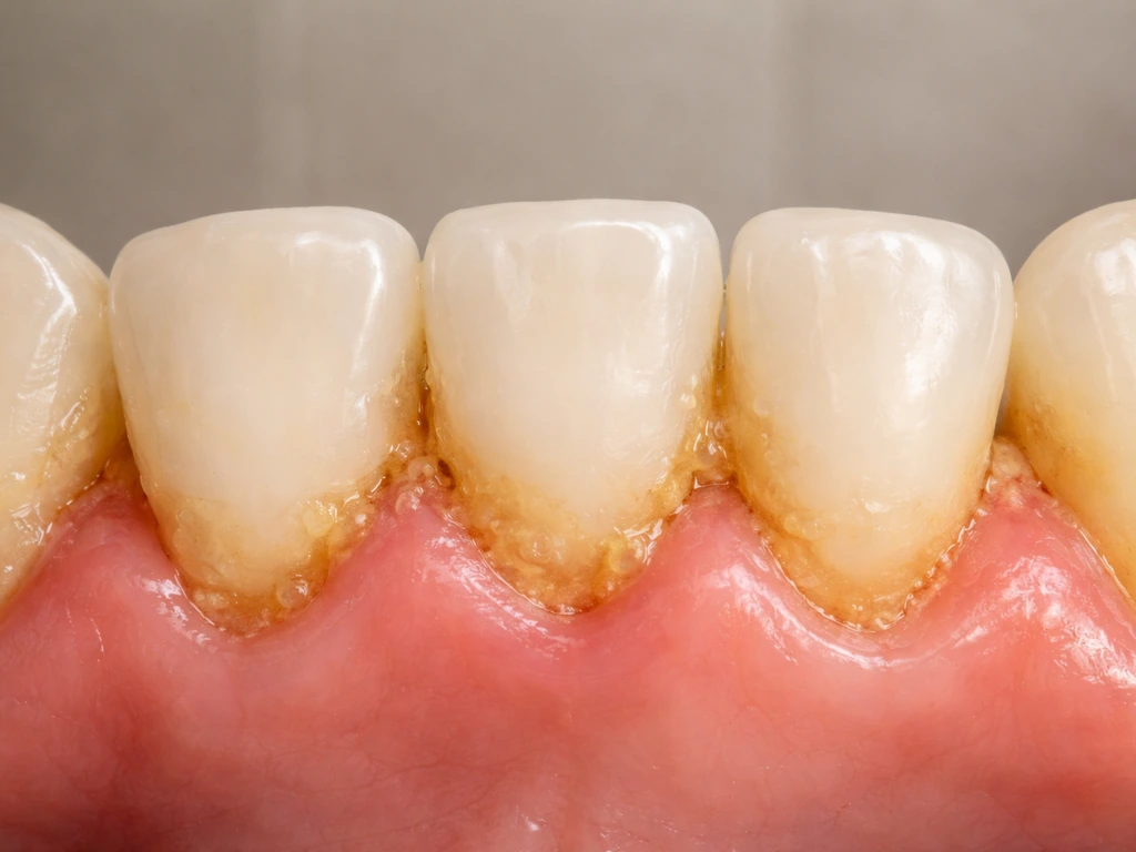 Close-up of teeth and gumline with visible plaque and tartar buildup along the gingival margin.