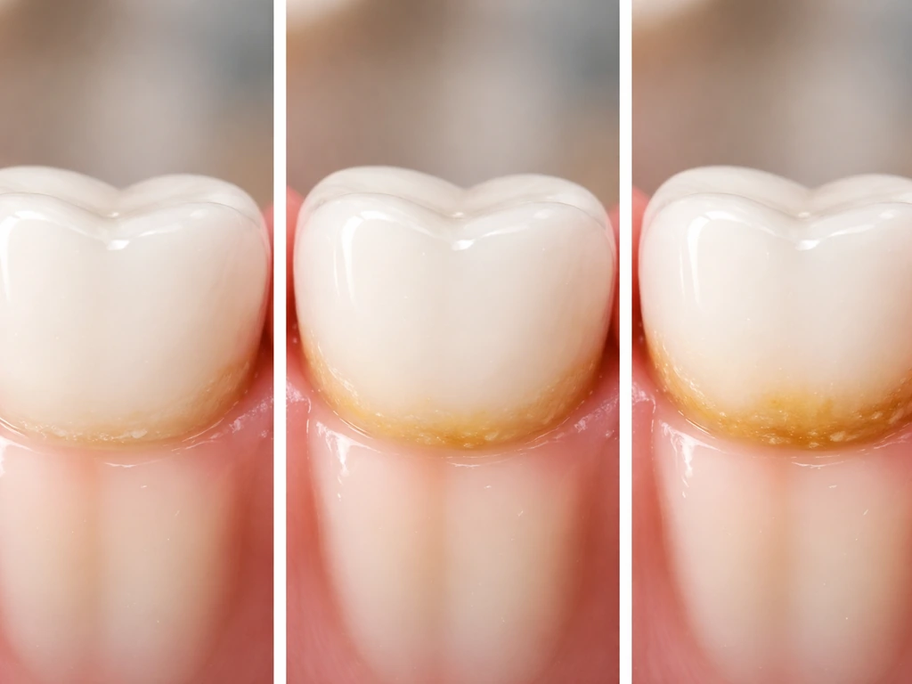 Close-up of a single tooth showing progressive plaque buildup along the gumline from thin film to thicker deposits.