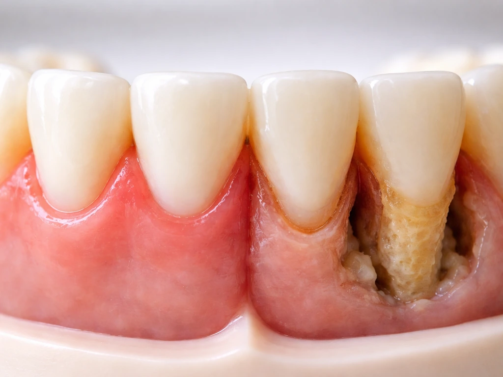 Split view of a tooth gum area showing mild red gingivitis versus deeper periodontitis with pocketing and bone loss.