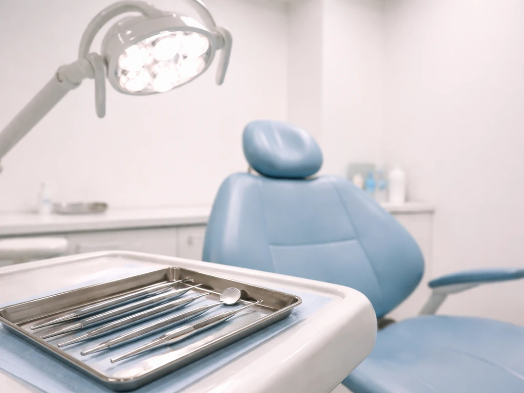 Close-up view of a dental exam light and tools beside a dental chair in a clean clinic