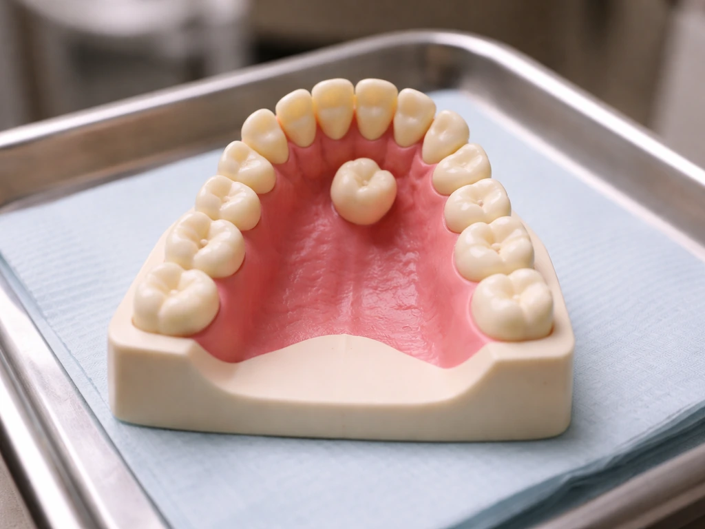 Close-up of a dental model showing an ectopic wisdom tooth on the hard palate roof of the mouth.