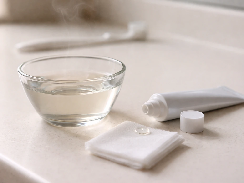 Warm salt-water rinse in a small glass and a gum-soothing gel tube on a bathroom counter.