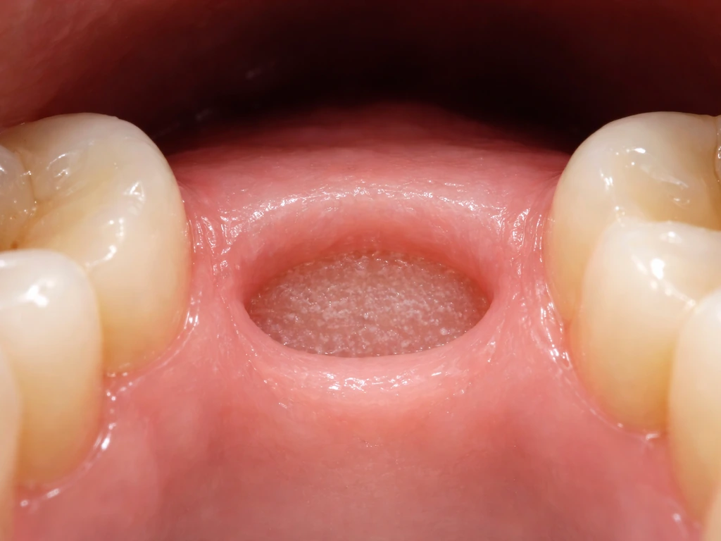 Closeup view of a healing tooth extraction site at the gumline with surface closure and deeper tissue fill