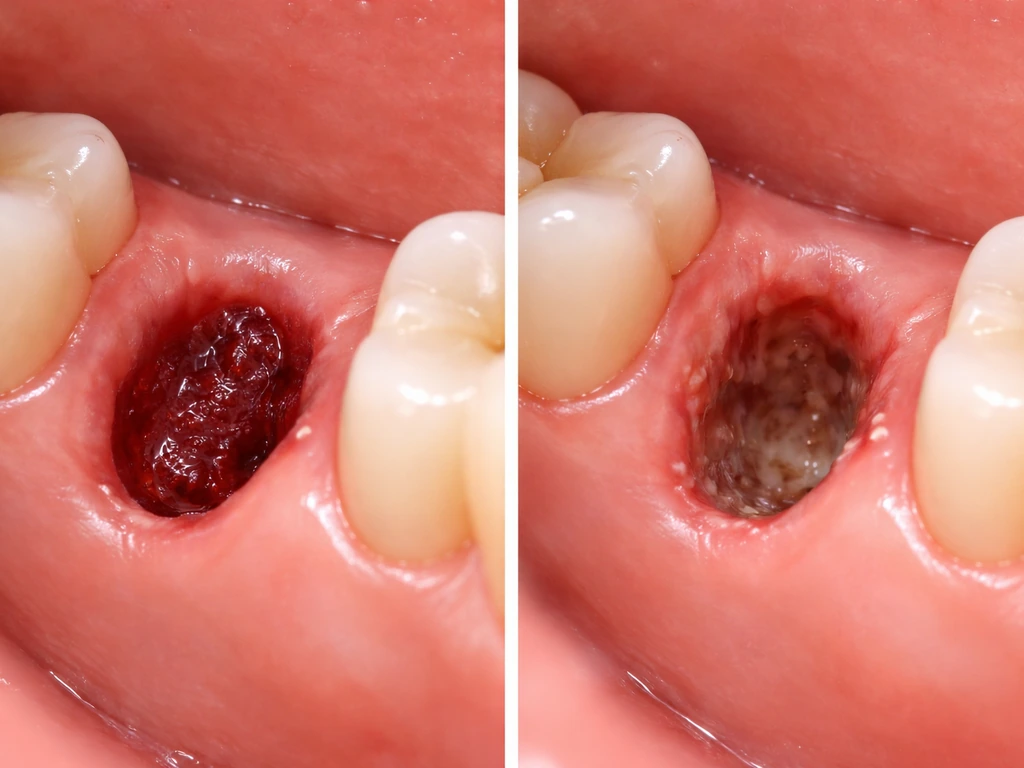 Side-by-side close-ups of a post-extraction socket with a stable clot versus a dry socket without clot.