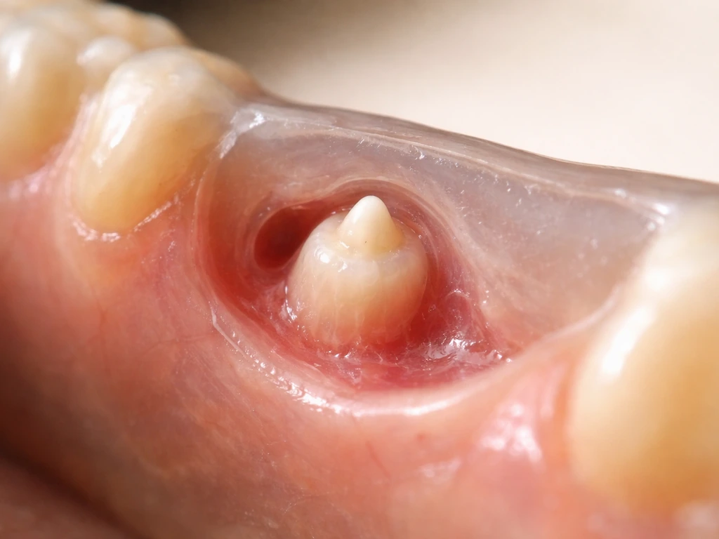 Macro photo-style view of early tooth bud and follicle formation inside a translucent jaw.