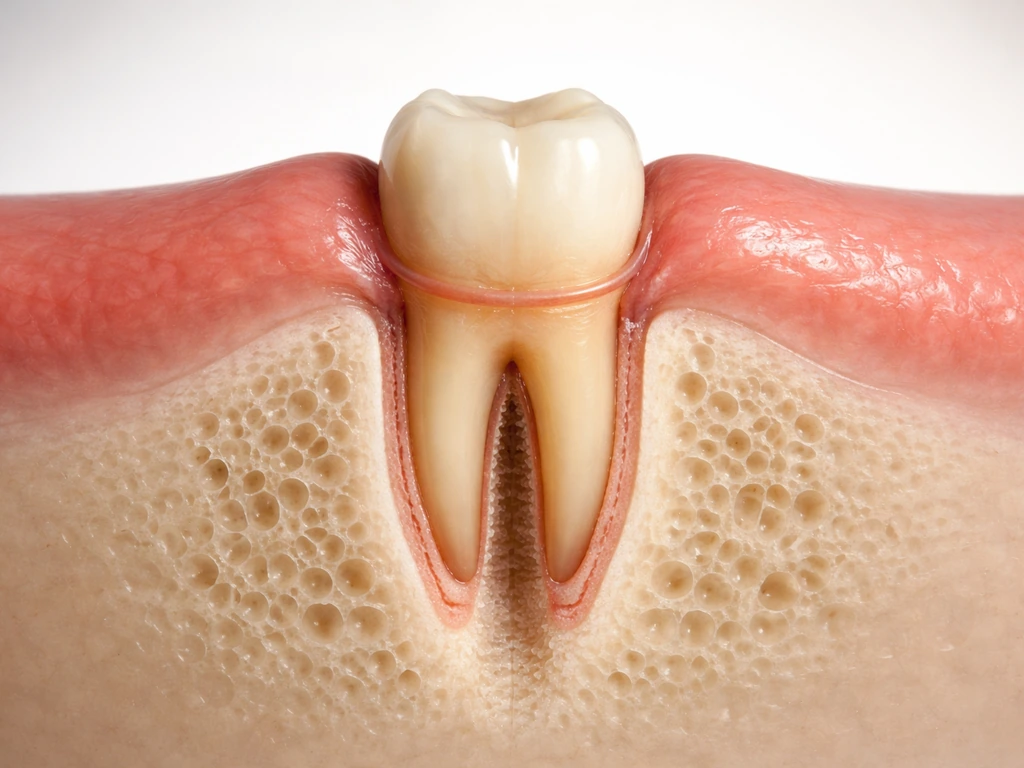 Close-up of a tooth erupting through gums with labeled-style focus on ligament, follicle, bone resorption path