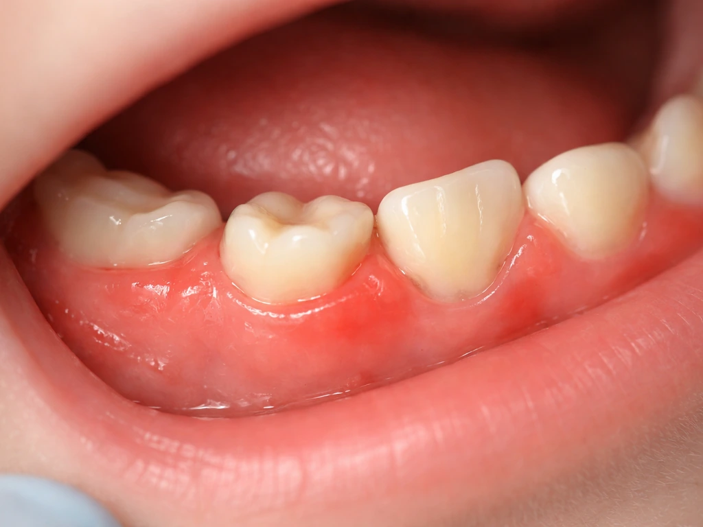 Close-up of irritated gumline with a partially erupted tooth appearing delayed or misaligned.