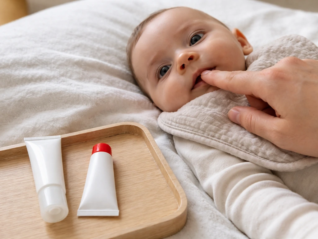 Parent’s clean finger gently rubs baby’s gum while safe/avoid teething gel items sit nearby at home