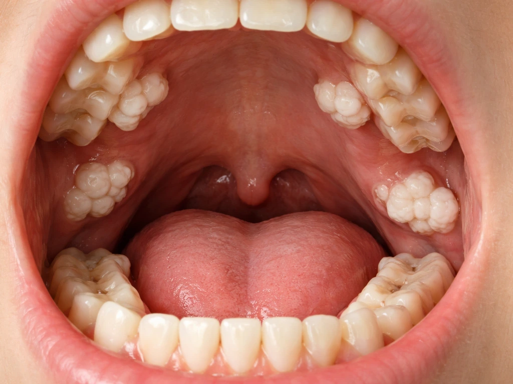 Clinical mouth-and-jaw view with multiple tooth-like hard tissue lumps in different oral locations.