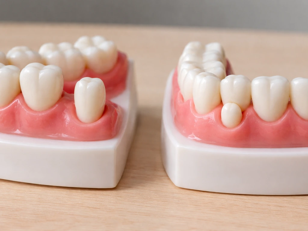 Dental close-up of normal tooth eruption next to an extra tooth emerging in a jaw model.