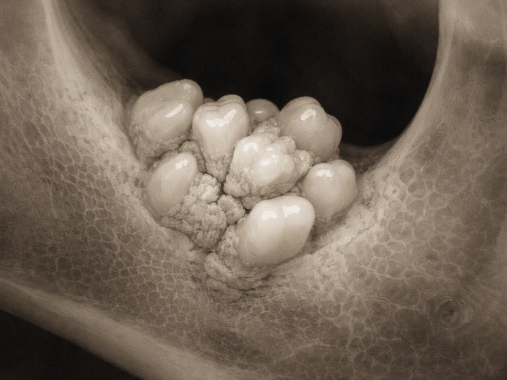 Close-up of a jaw segment showing an odontoma as a disorganized enamel- and dentin-like cluster in bone.
