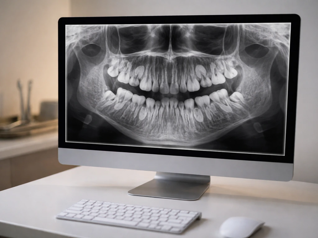 Dental clinic monitor displaying grayscale CBCT-like scan with multiple impacted tooth-like shapes.
