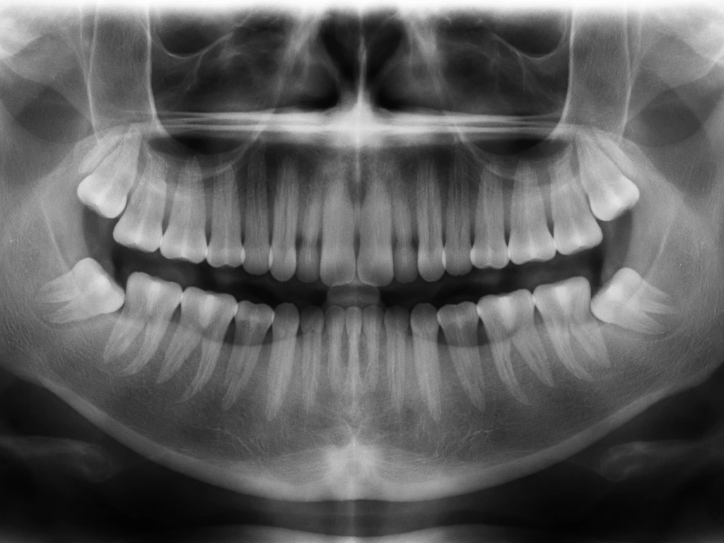 Grayscale dental panoramic X-ray showing impacted wisdom teeth as the last molars at the back of the jaw.