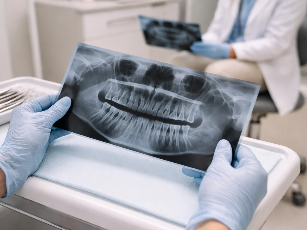 Gloved clinician hands holding a panoramic dental X-ray in a quiet clinic exam room.