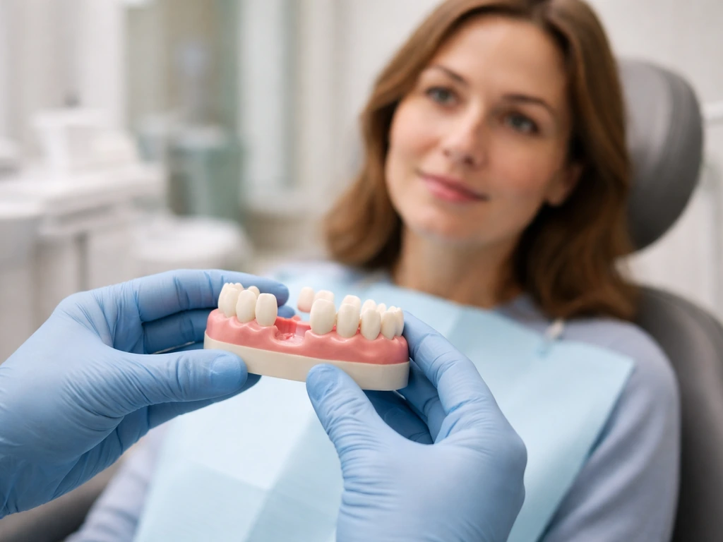 Patient in a dental chair viewing a 3D dental model with missing teeth and hopeful regrowth