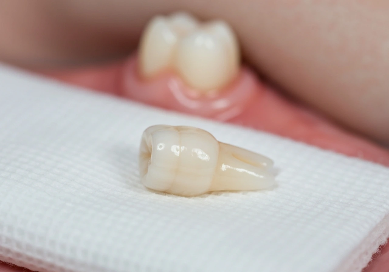 Close-up of a shed baby tooth on gauze with a permanent tooth beginning to erupt from the gums.