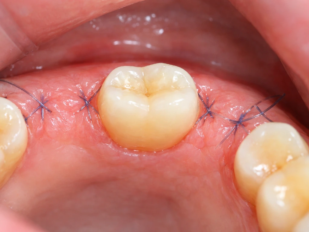 Close-up of a single tooth with healing gum tissue after periodontal surgery, showing partial regeneration.