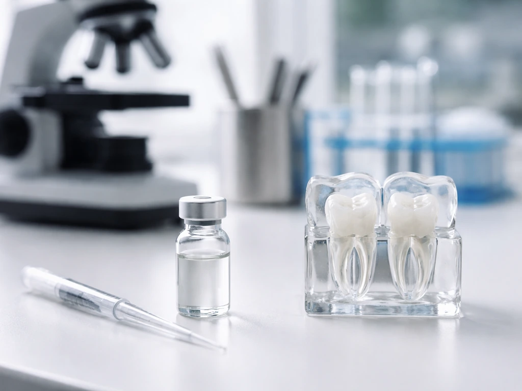 Antibody vial on a clean lab bench next to a transparent tooth specimen model under natural light.