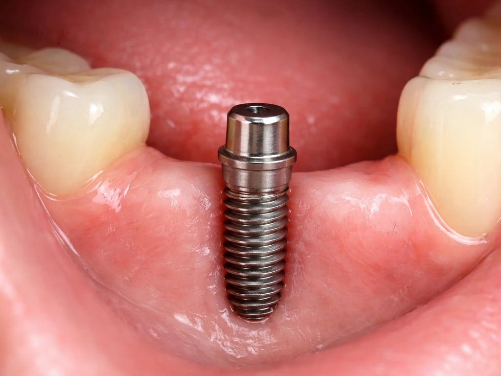 Close-up of a dental implant with titanium post in the jaw and a healing cap, realistic clinical lighting.