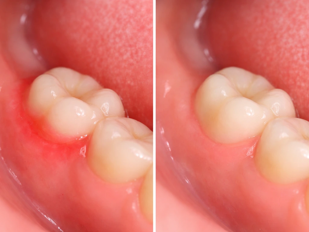 Split before/after of swollen red gum vs calmer pink gum around an erupting tooth.