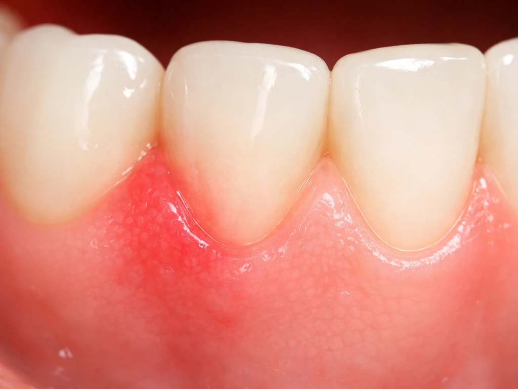 Close-up of healing gum tissue with a subtle reddened area along the gumline, suggesting post-scaling recovery.