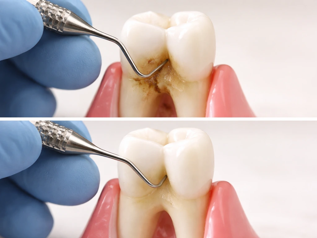 Dental professional uses tools to clean plaque above and below gumline on a simple model tooth.
