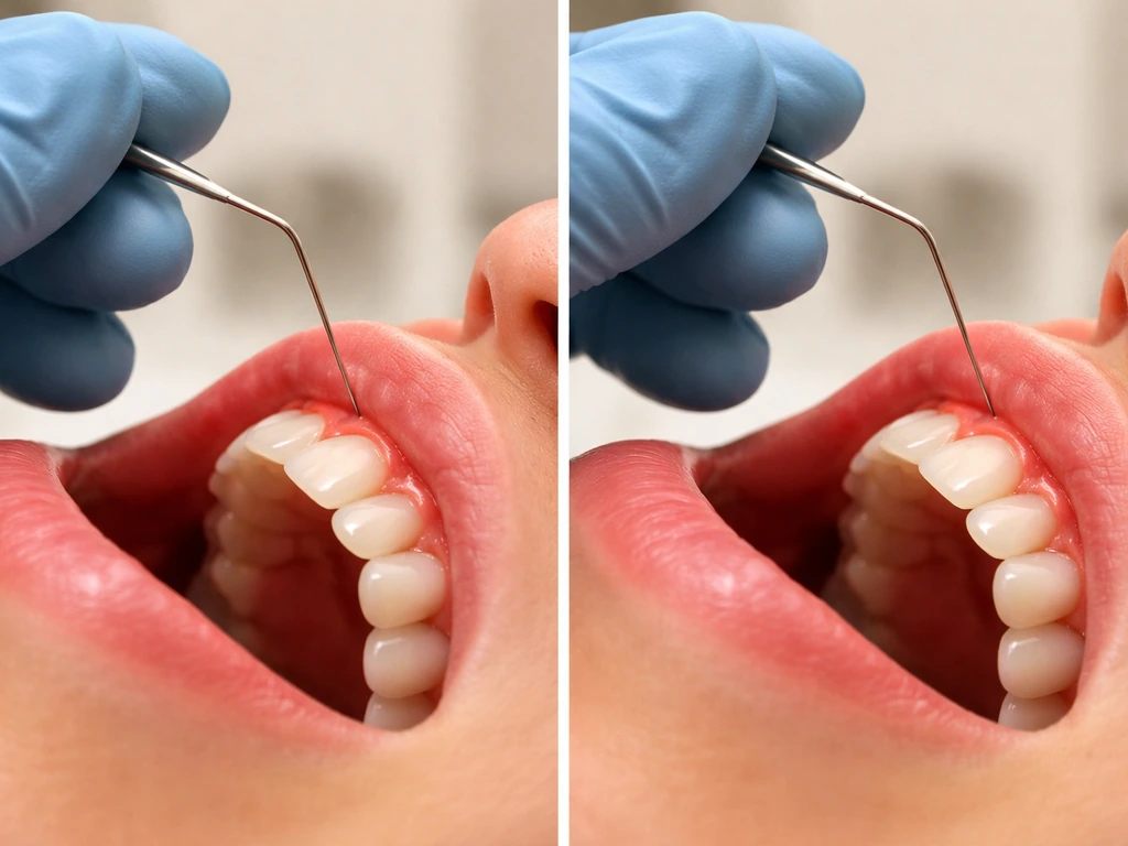 Close-up dental clinic scene showing gums with reduced redness using a periodontal probe.
