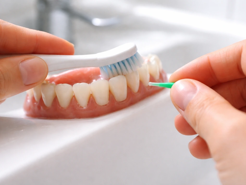 Anonymous hands brushing gently at the gumline with a soft toothbrush and floss placement between teeth.