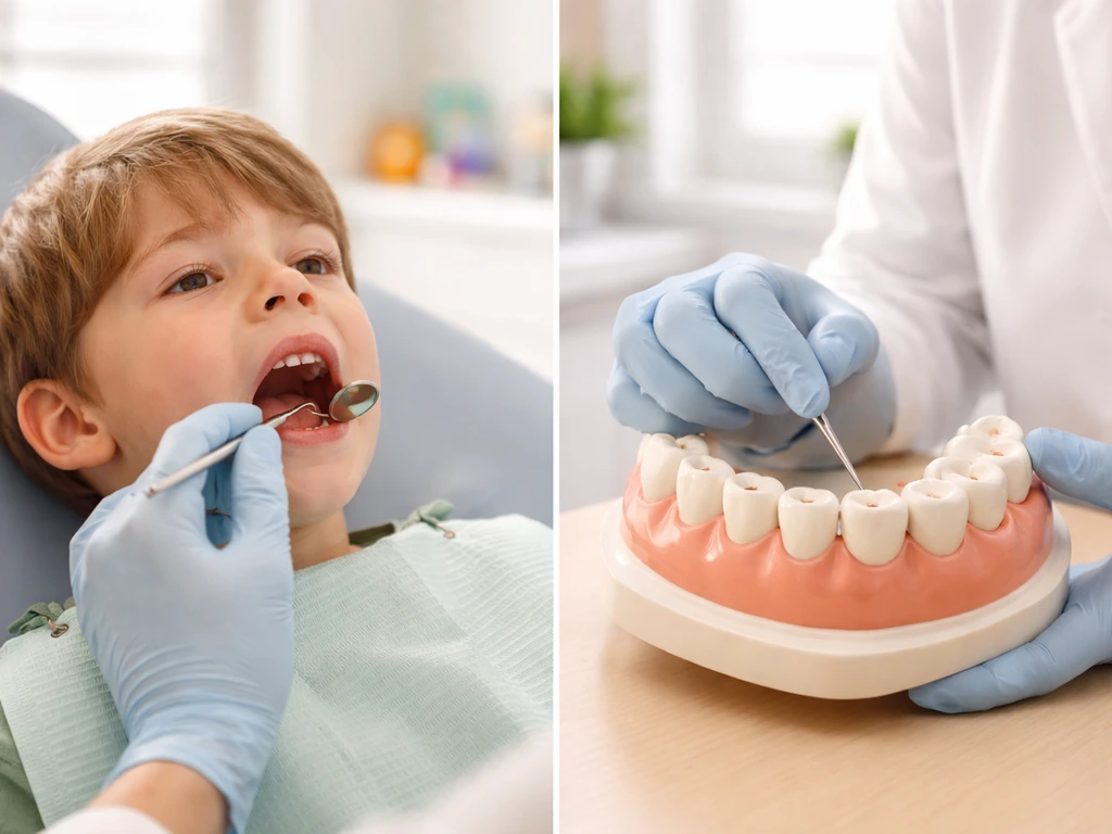 Pediatric dentist examining a child’s teeth with two-panel view showing enamel wear vs no full regrowth