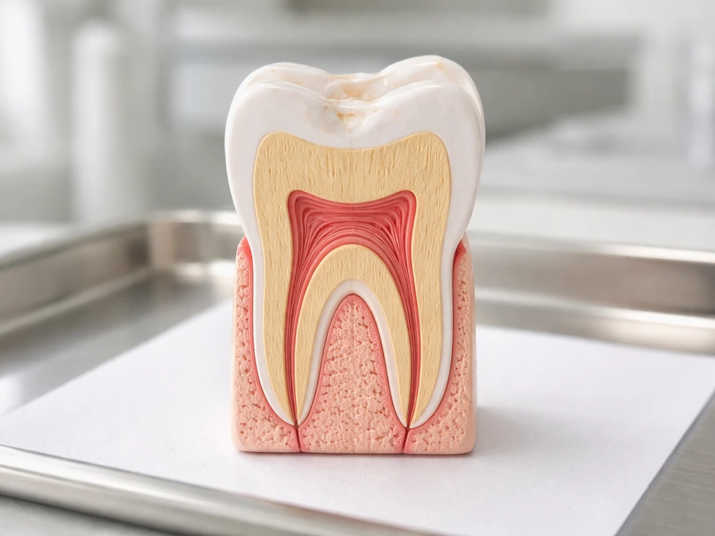 Tooth cross-section with enamel largely intact and early surface lesion highlighted in a minimal medical setting