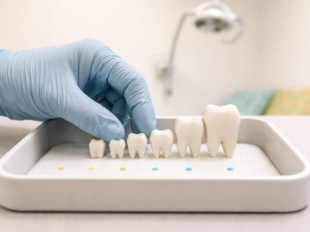 Gloved hand arranging translucent baby and permanent tooth models in a simple dot-based timeline tray.